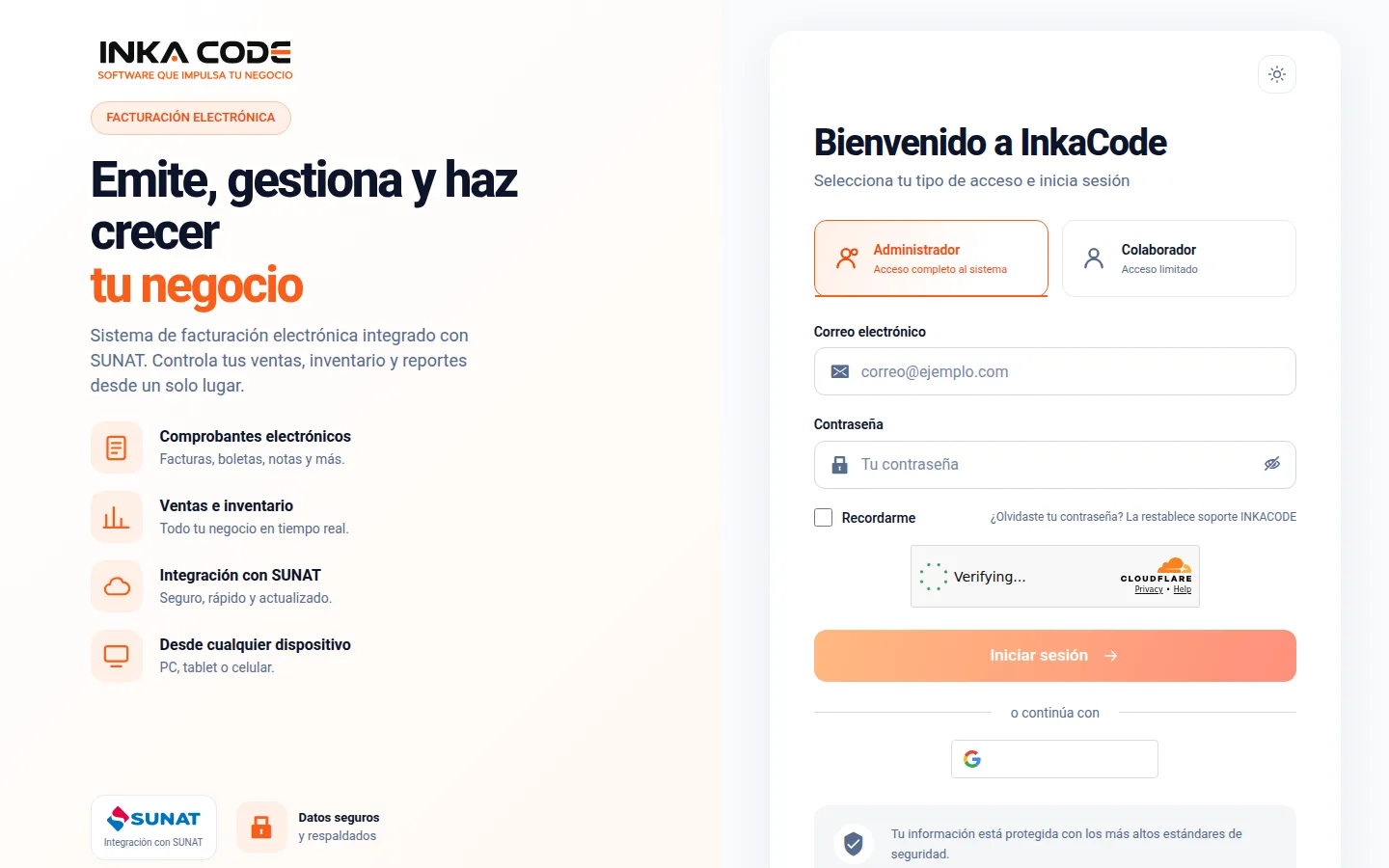 Captura de InkaCode · Sistema de facturación